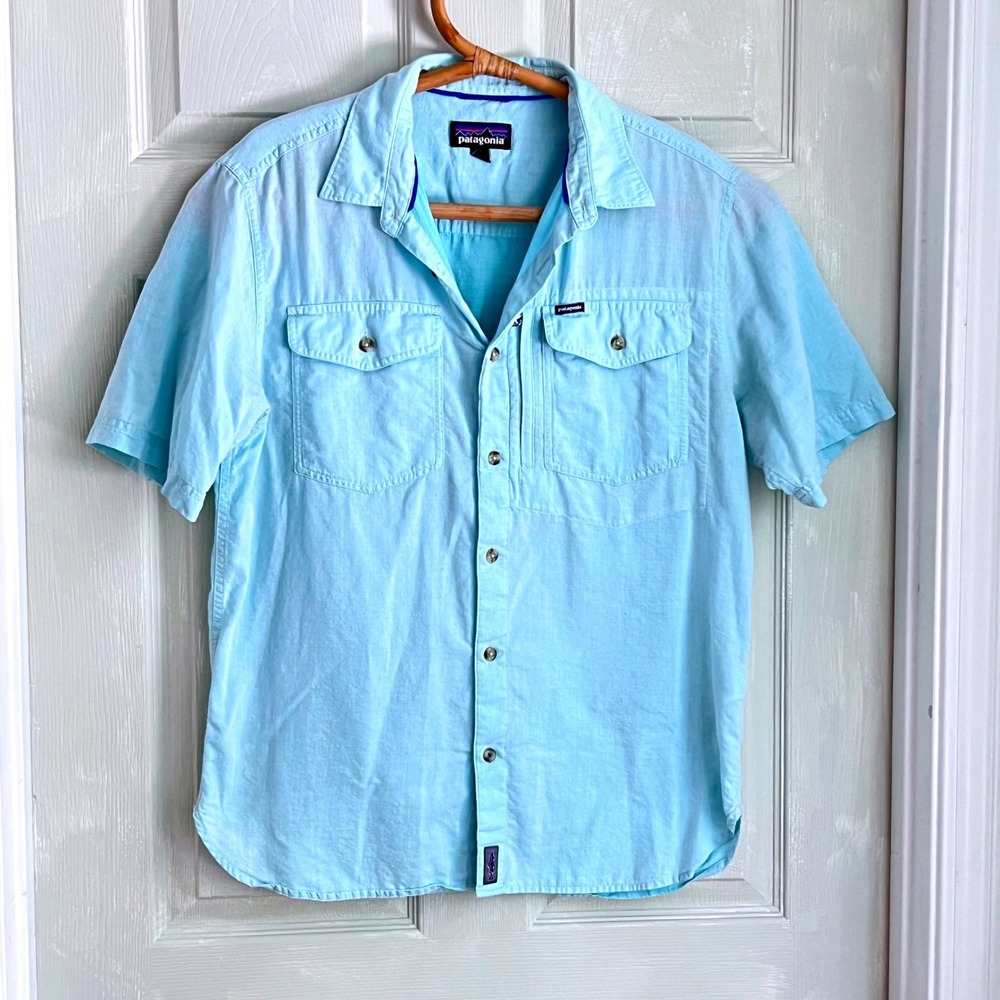 Patagonia Men Shirt M Organic Cotton Hemp Aqua Blue Green Gorpcore Fishing
